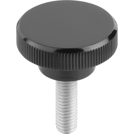 Kipp Knurled Knob D=M06X15 D1=26, Form:L Thermoset, Black, Comp:Steel, Comp:Glossy K1223.302606X15